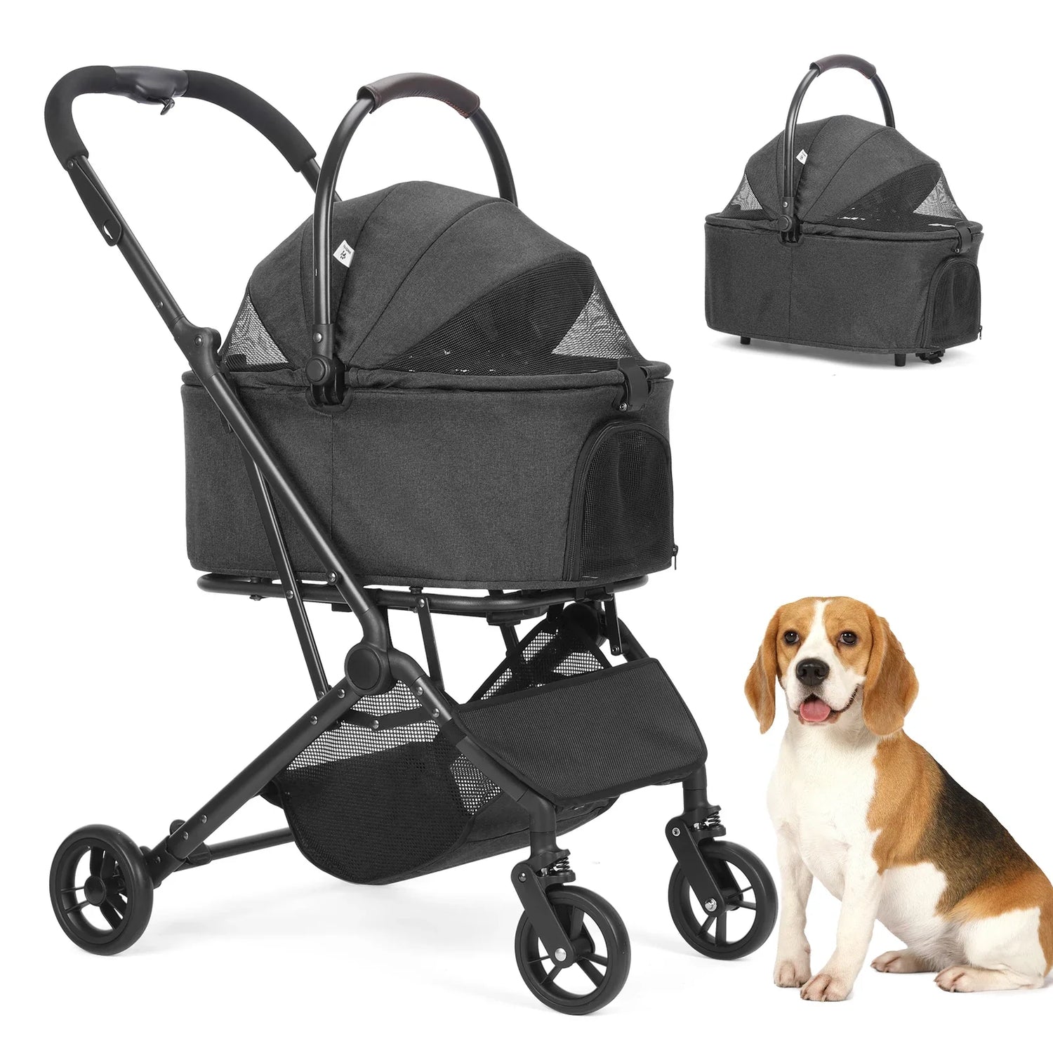 3 in 1 Dog Stroller, Upgraded Frame, Up to 44lbs Pet Stroller with Dog Poop Bags &amp; Dispenser, Zipperless Entry, Storage Basket &amp;