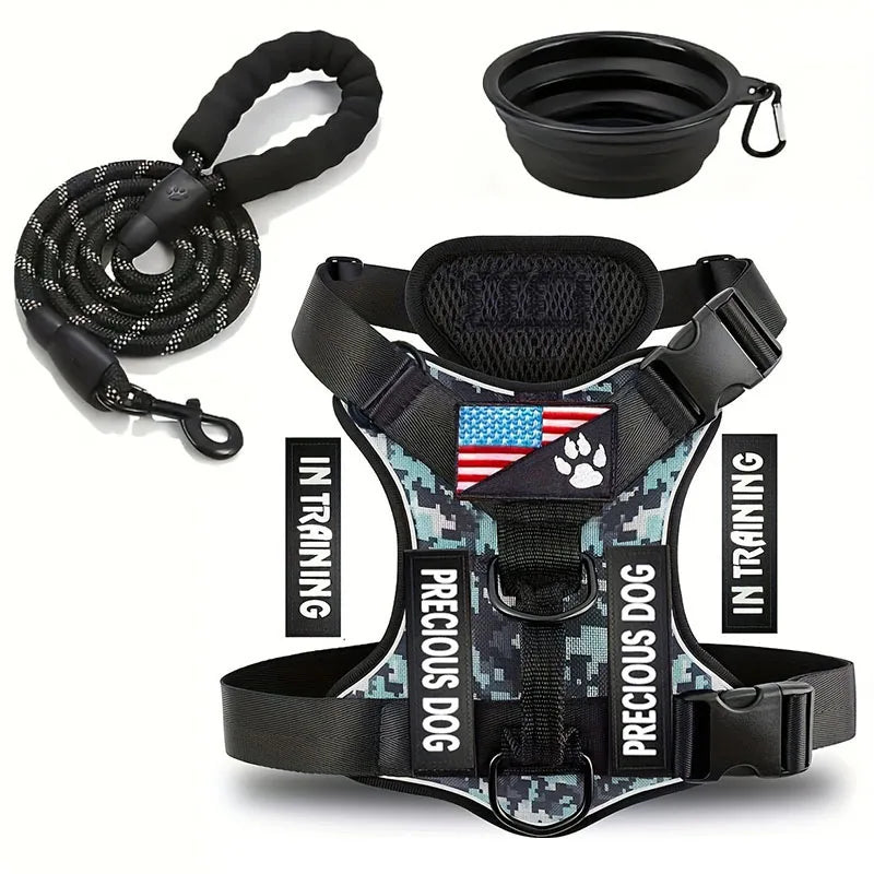 Service Dog Harness &amp; Leash Set with 1pc Folding Bowl Reflective Adjustable Dog Vest Harness Soft Oxford Pet Harness For Small M