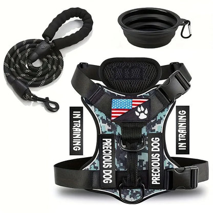 Service Dog Harness &amp; Leash Set with 1pc Folding Bowl Reflective Adjustable Dog Vest Harness Soft Oxford Pet Harness For Small M