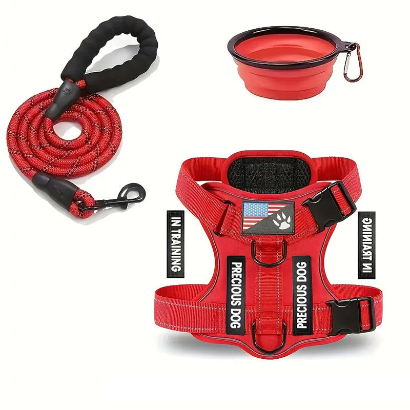 Service Dog Harness &amp; Leash Set with 1pc Folding Bowl Reflective Adjustable Dog Vest Harness Soft Oxford Pet Harness For Small M