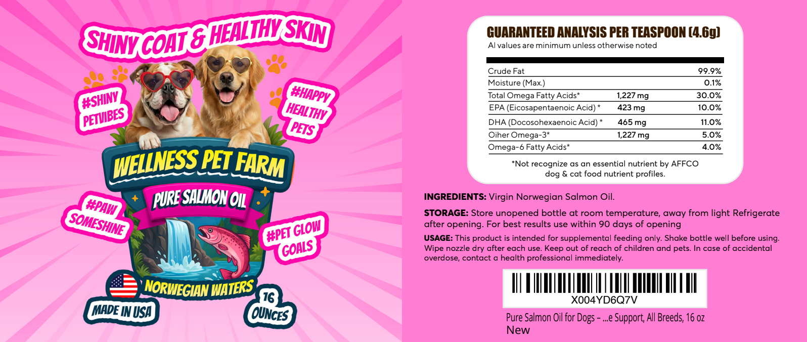 Pure Salmon Oil for Dogs – Omega 3 &amp; 6 Supplement for Shiny Coat, Healthy Skin, Joint &amp; Immune Support, All Breeds, 16 oz Wellness pet farm