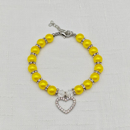 New Cute Pet Pearl Necklace with Heart-shaped Rhinestone Pendant Adjustable Cat Dog Collar Jewelry For Small Pets 8 Colors