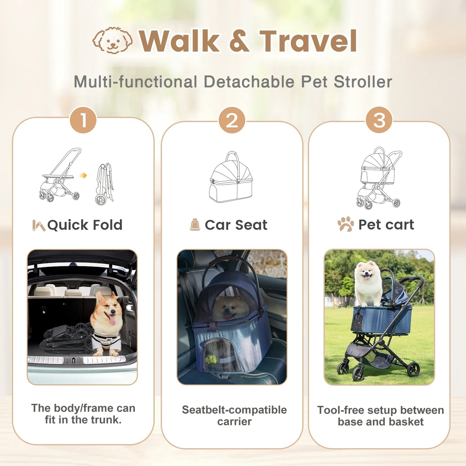 3 in 1 Dog Stroller, Upgraded Frame, Up to 44lbs Pet Stroller with Dog Poop Bags &amp; Dispenser, Zipperless Entry, Storage Basket &amp;