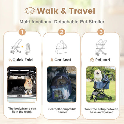 3 in 1 Dog Stroller, Upgraded Frame, Up to 44lbs Pet Stroller with Dog Poop Bags &amp; Dispenser, Zipperless Entry, Storage Basket &amp;