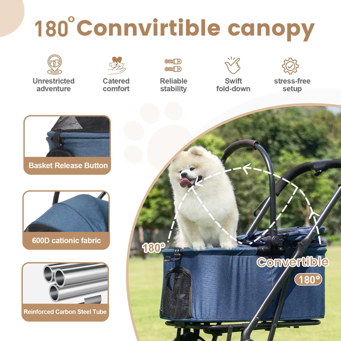 3 in 1 Dog Stroller, Upgraded Frame, Up to 44lbs Pet Stroller with Dog Poop Bags &amp; Dispenser, Zipperless Entry, Storage Basket &amp;