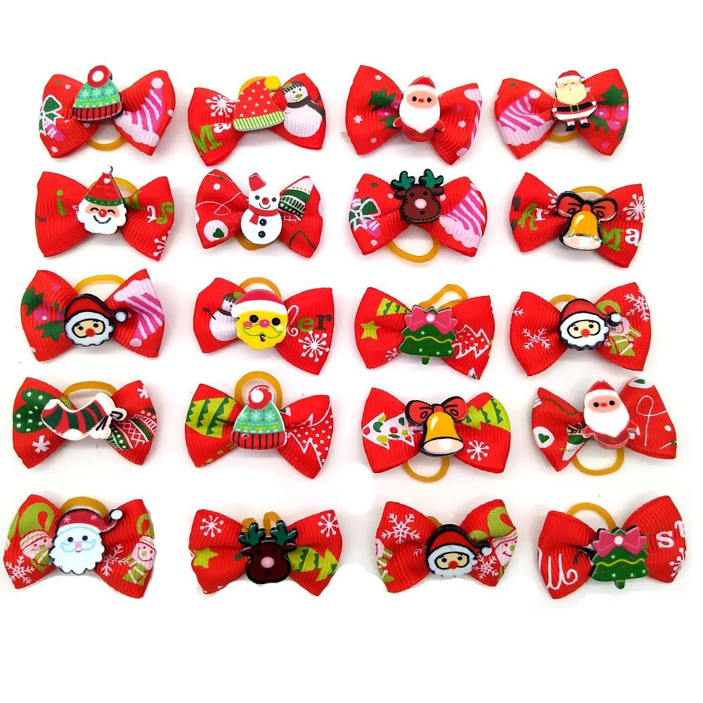 Pet Christmas Bows Dog Hair Accessories Leather Band Headdress Cat Puppy Grooming Decoration Bows Holiday Party Pet Supplies