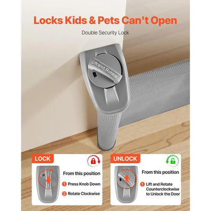 Retractable baby gate/dog gate, extendable to 143 cm wide / 795 mm high, stair gate with safety lock, mesh safety gate for stairs and hallways, indoor/outdoor use, grey