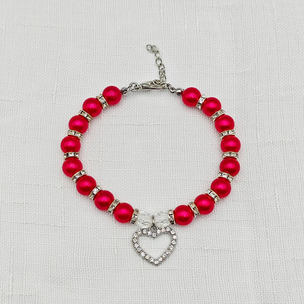 New Cute Pet Pearl Necklace with Heart-shaped Rhinestone Pendant Adjustable Cat Dog Collar Jewelry For Small Pets 8 Colors
