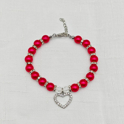 New Cute Pet Pearl Necklace with Heart-shaped Rhinestone Pendant Adjustable Cat Dog Collar Jewelry For Small Pets 8 Colors