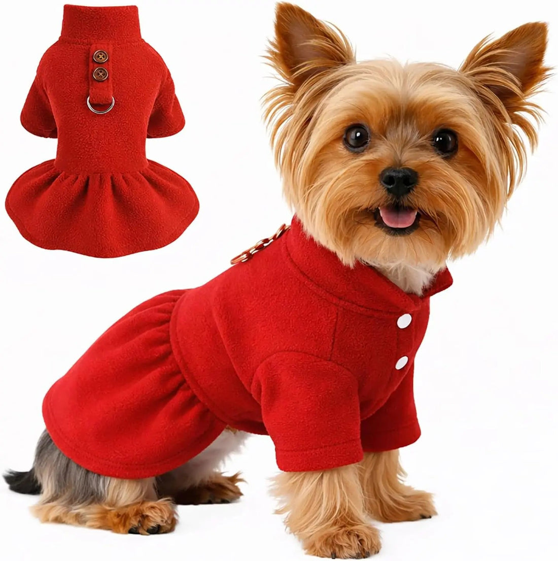 Small Dog Fleece Sweater Dress with Skirt &amp; D-Ring Winter Puppy Outfit