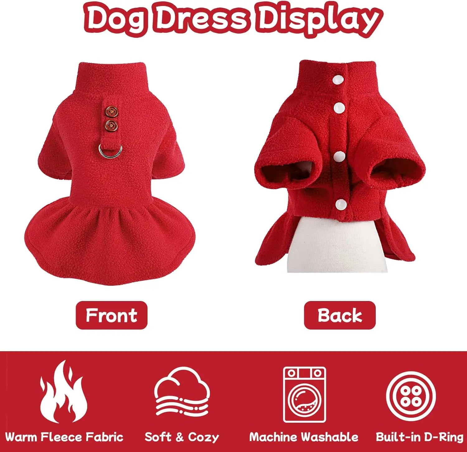Small Dog Fleece Sweater Dress with Skirt &amp; D-Ring Winter Puppy Outfit