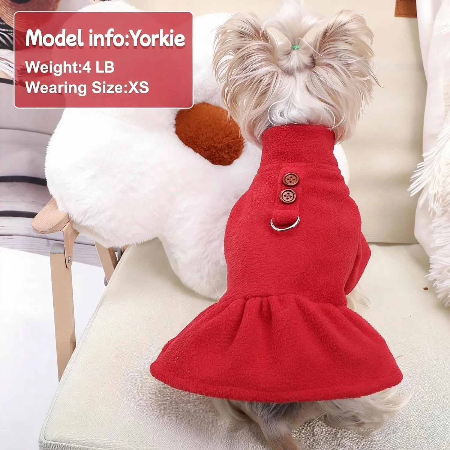 Small Dog Fleece Sweater Dress with Skirt &amp; D-Ring Winter Puppy Outfit