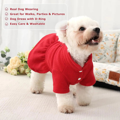 Small Dog Fleece Sweater Dress with Skirt &amp; D-Ring Winter Puppy Outfit