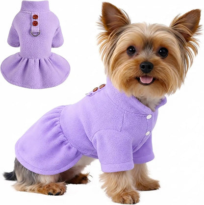 Small Dog Fleece Sweater Dress with Skirt &amp; D-Ring Winter Puppy Outfit
