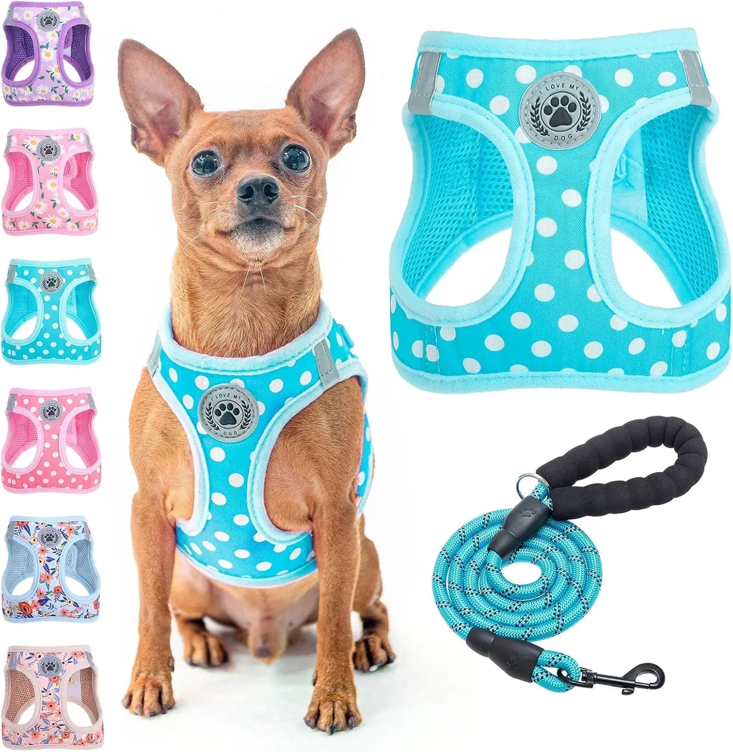 Step-In Dog Harness &amp; Leash Set in Various Patterns – Reflective No Pull (XS- XL)