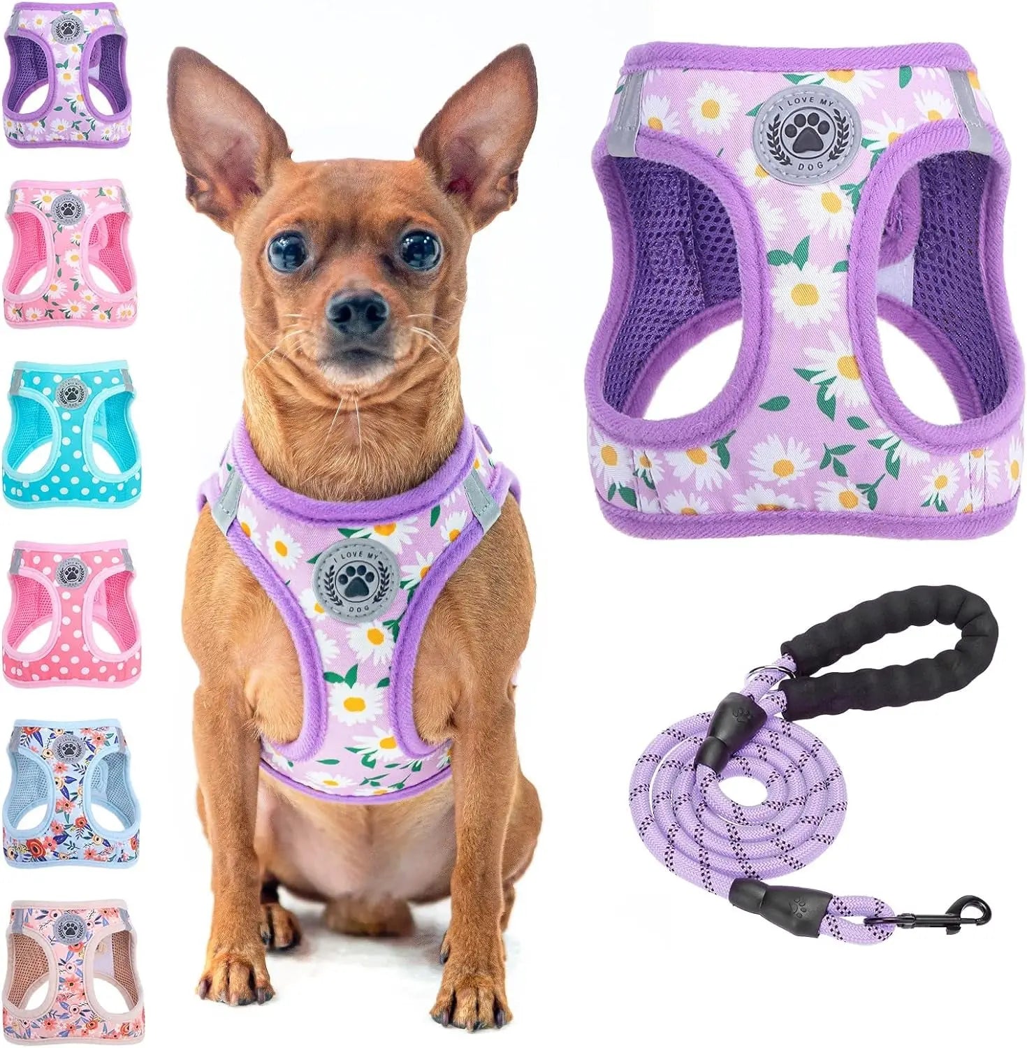 Step-In Dog Harness &amp; Leash Set in Various Patterns – Reflective No Pull (XS- XL)