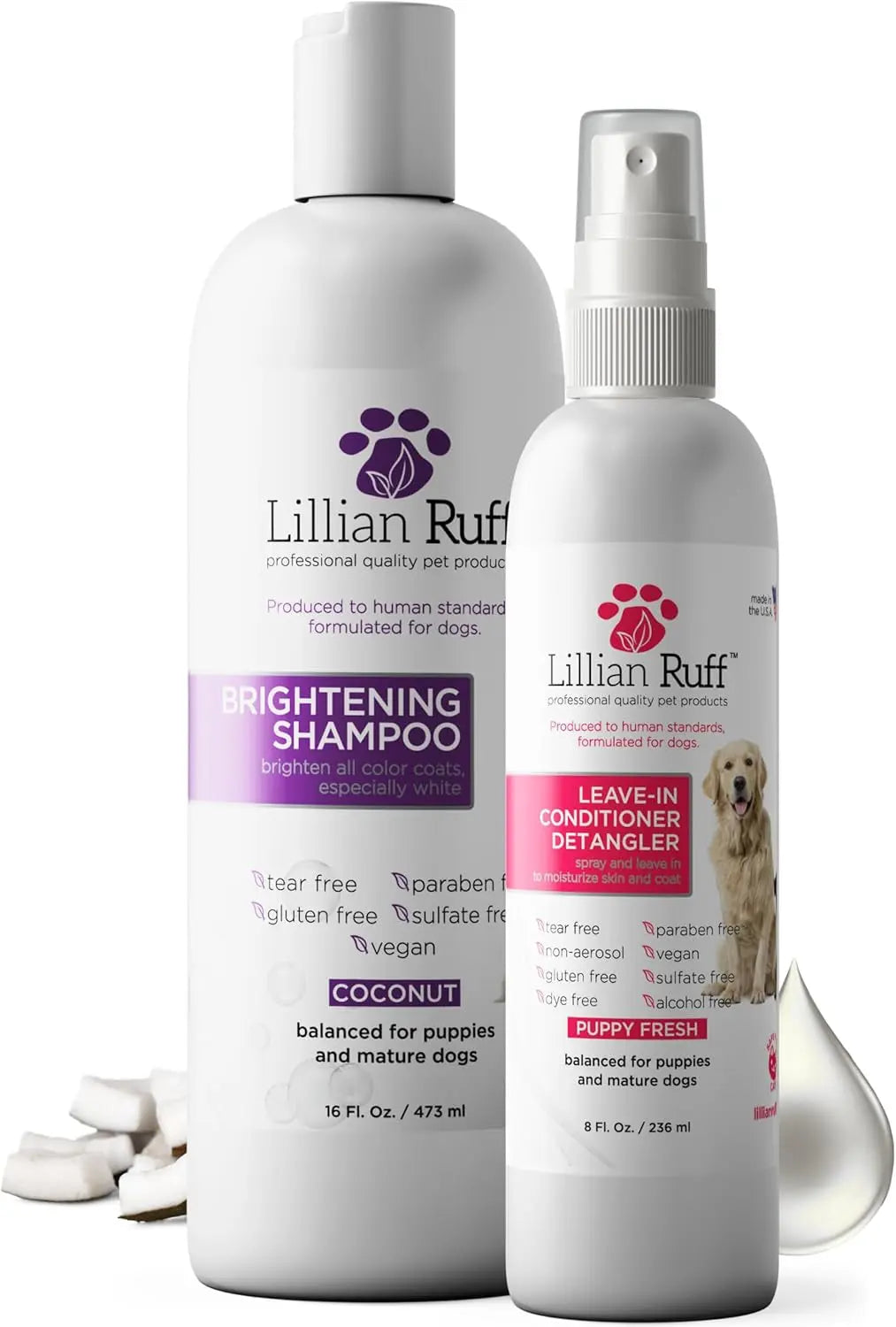 Whitening Dog Shampoo &amp; Leave-In Conditioner Detangler Odor Control Set