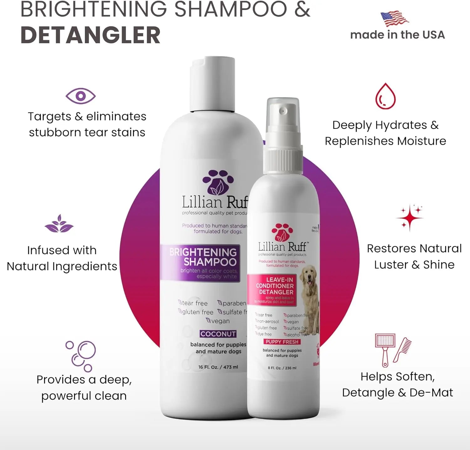 Whitening Dog Shampoo &amp; Leave-In Conditioner Detangler Odor Control Set