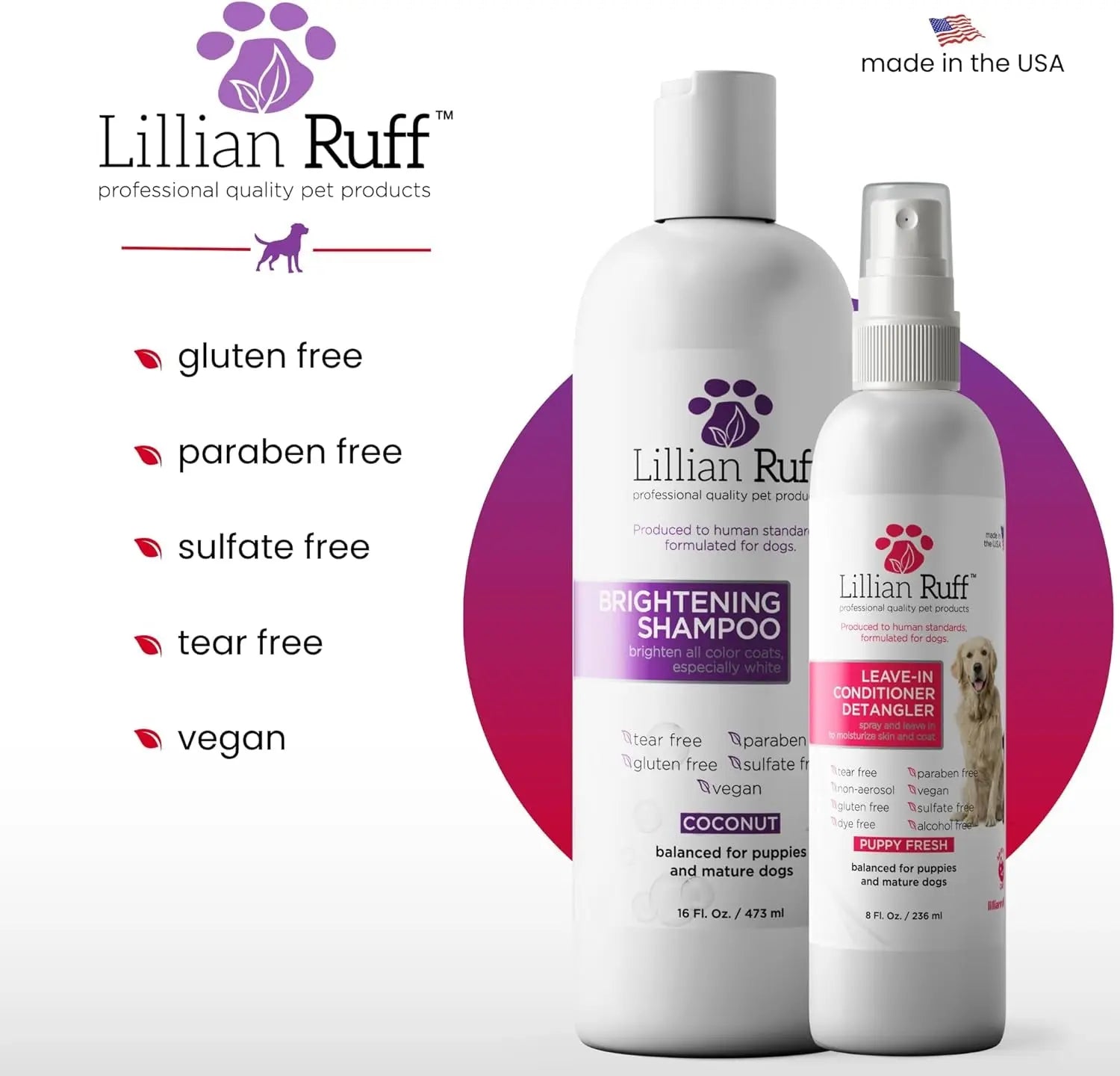Whitening Dog Shampoo &amp; Leave-In Conditioner Detangler Odor Control Set