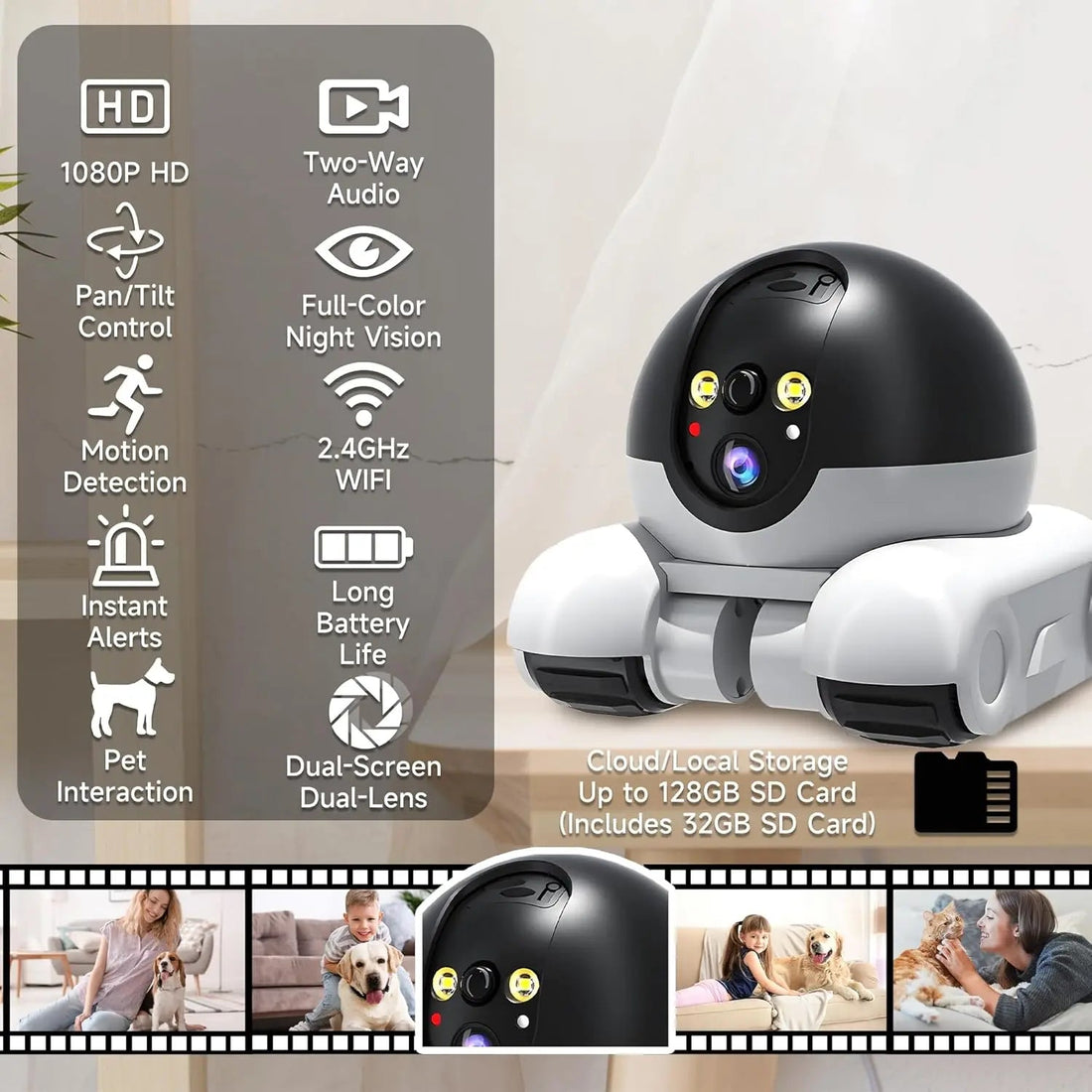 WiFi Robot 1080P Pet Camera with App for Dogs &amp; Cats. 2-Way Talk, Night Vision &amp; Motion Detection