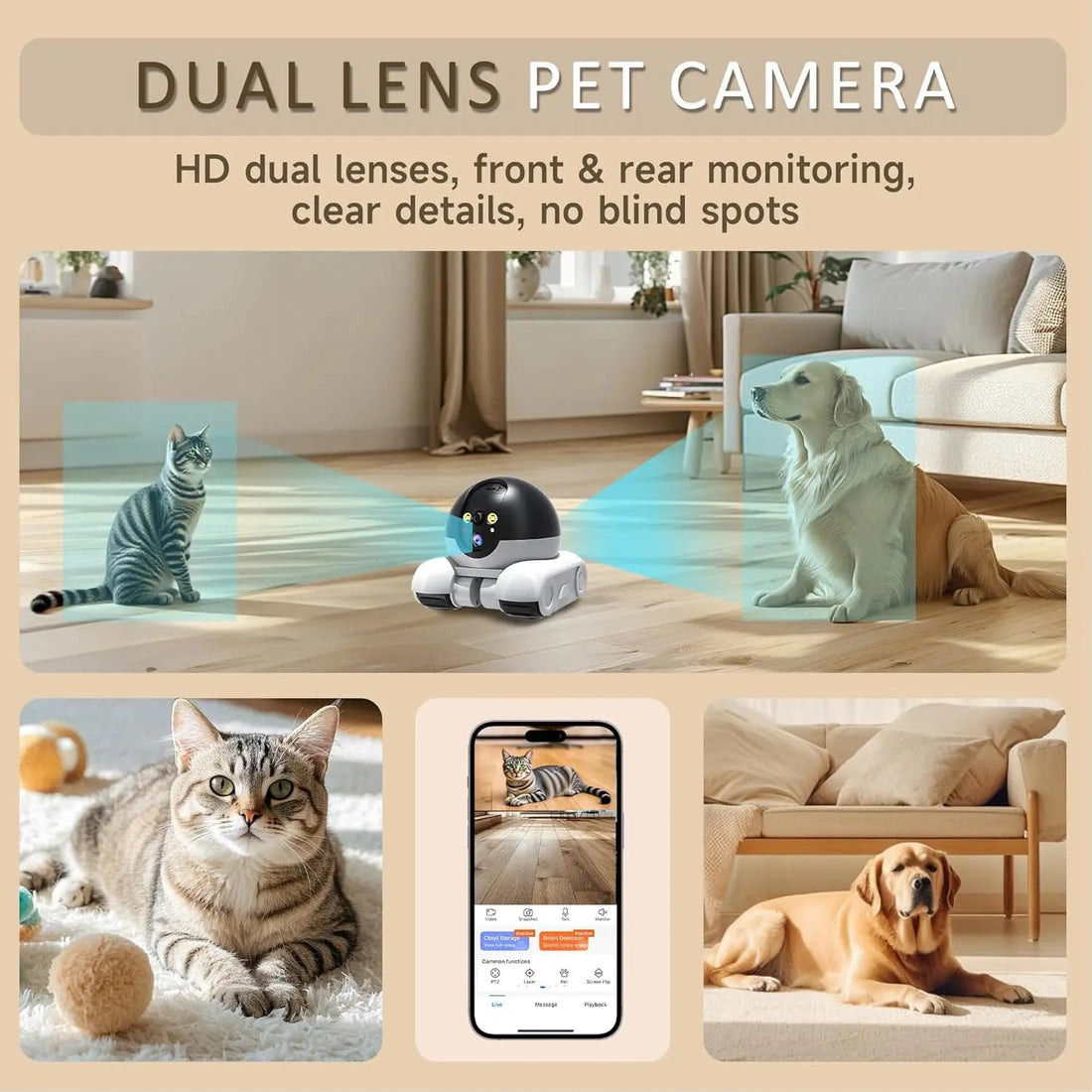 WiFi Robot 1080P Pet Camera with App for Dogs &amp; Cats. 2-Way Talk, Night Vision &amp; Motion Detection