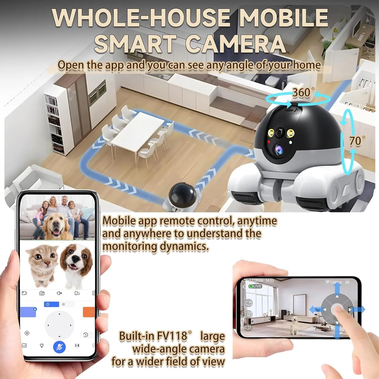 WiFi Robot 1080P Pet Camera with App for Dogs &amp; Cats. 2-Way Talk, Night Vision &amp; Motion Detection