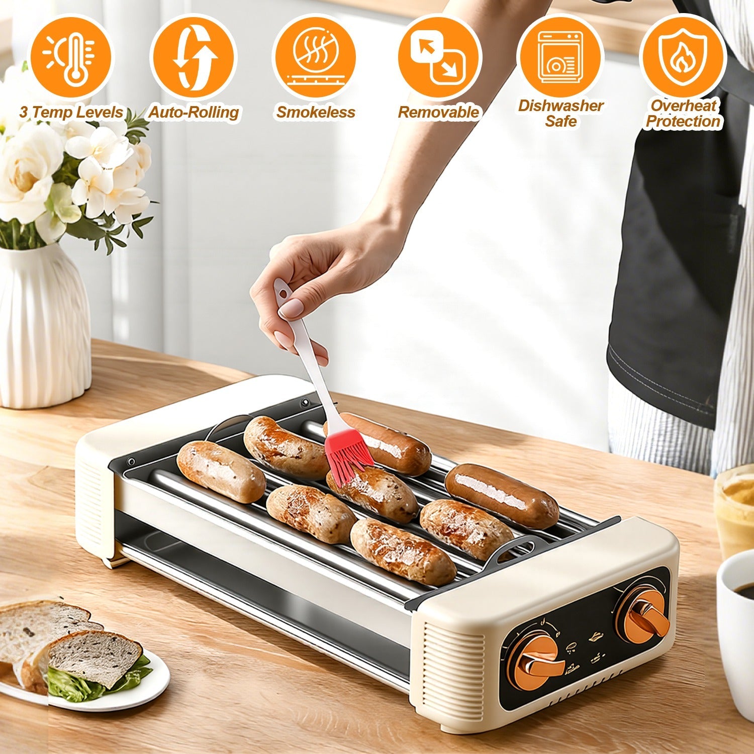 3 In 1 Electric Hot Dog Roller Machine with Grill &amp; Griddle 6-Roller Hot Dog Cooker Smokeless Non-Stick Indoor Outdoor with 3 Temp Levels for BBQ Saus