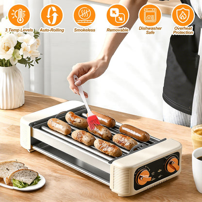 3 In 1 Electric Hot Dog Roller Machine with Grill &amp; Griddle 6-Roller Hot Dog Cooker Smokeless Non-Stick Indoor Outdoor with 3 Temp Levels for BBQ Saus