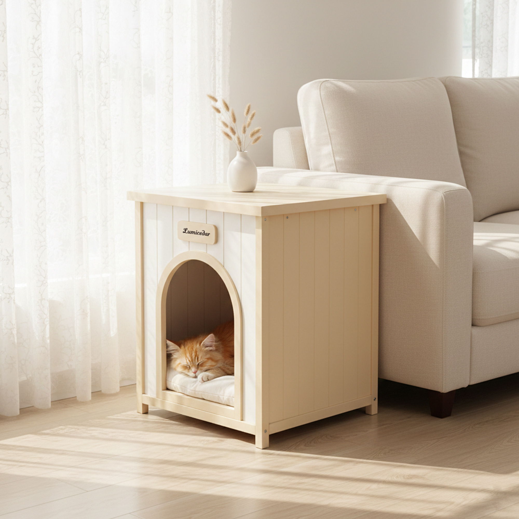 Indoor Dog House With Removable Cushion, Pet House For Cats &amp; Small Dogs - Cream White / Light Yellow