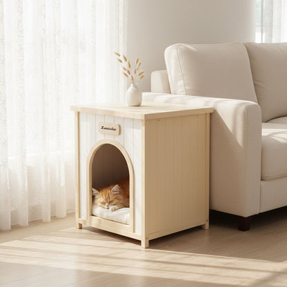 Indoor Dog House With Removable Cushion, Pet House For Cats &amp; Small Dogs - Cream White / Light Yellow
