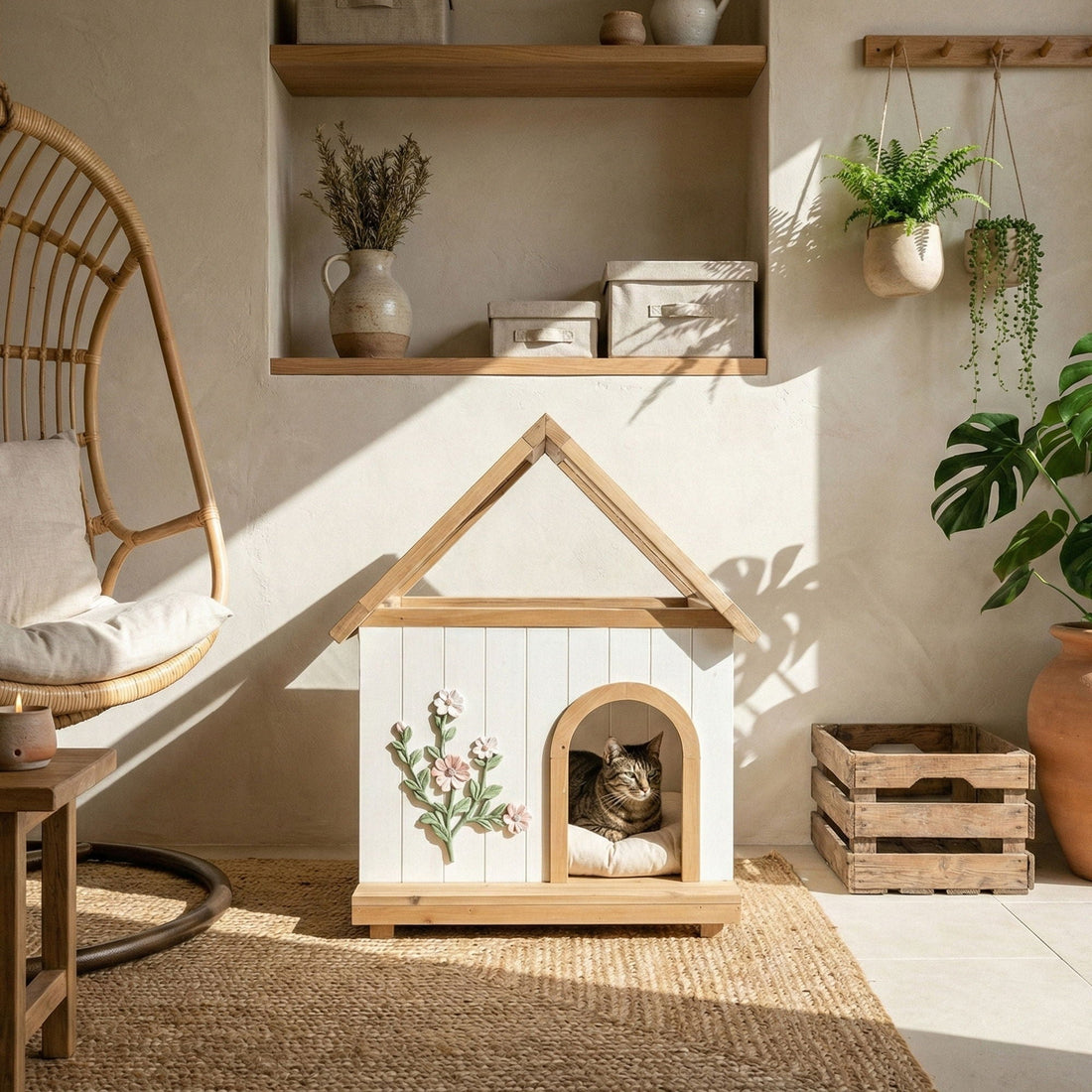 Daisy Cat House With Roof &amp; Indoor Outdoor Pet Shelter For Cats &amp; Small Dogs (11–25 Lbs) - White / Wood