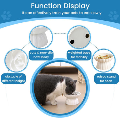 Elevated Ceramic Slow Feed Dish For Cats And Small Dogs, Flower Pool Design Pet Slow Feeder With Higher Edges,Raised Pet Bowl For Dry &amp; Wet Food