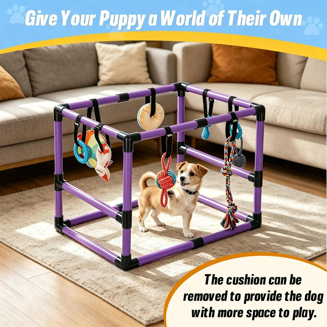 Indoor Puppy Play Gym with Hammock 8 Toys Dog Enrichment Activity Center