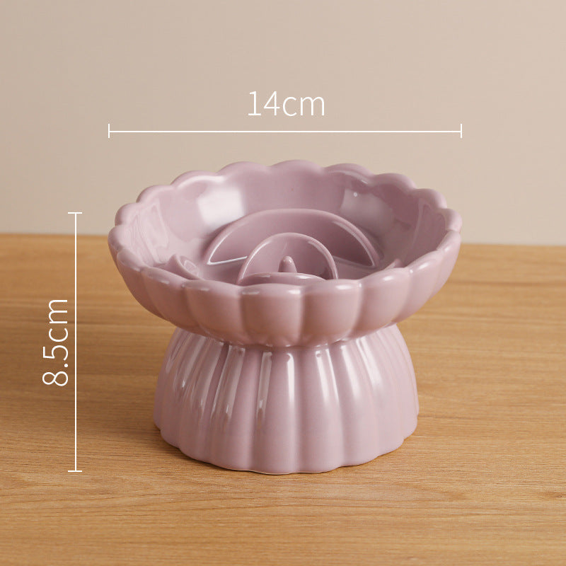 Elevated Ceramic Slow Feed Dish For Cats And Small Dogs, Flower Pool Design Pet Slow Feeder With Higher Edges,Raised Pet Bowl For Dry &amp; Wet Food