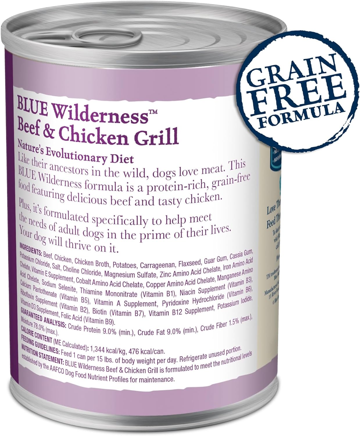 Blue Buffalo Wilderness Adult Grain-Free Beef &amp; Chicken Grill Wet Dog Can (12.5oz)