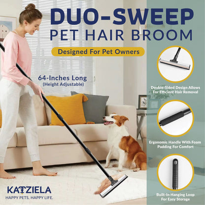 Katziela DuoSweep Broom – Dual-Sided Pet Hair Remover with Metal &amp; Rubber Blade