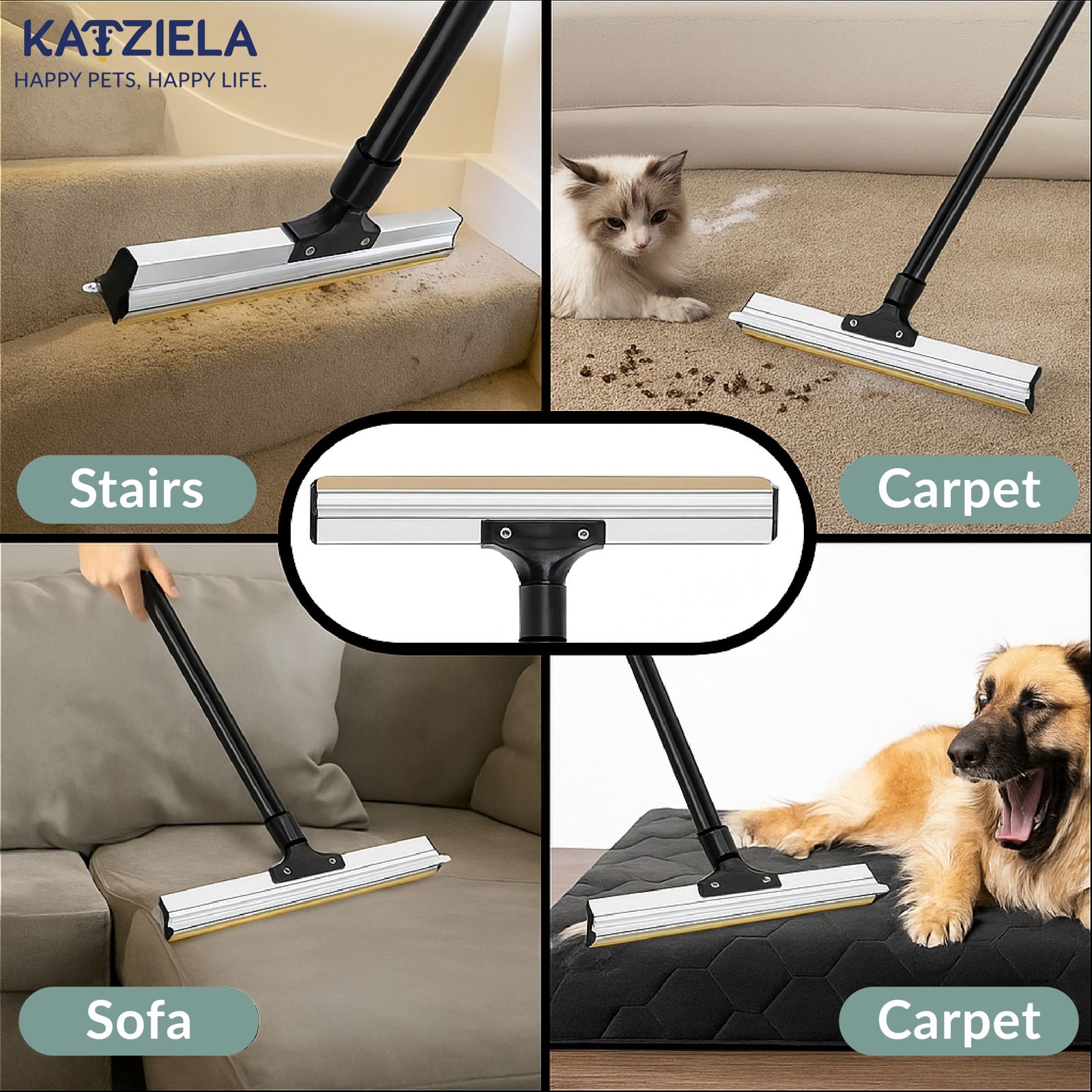 Katziela DuoSweep Broom – Dual-Sided Pet Hair Remover with Metal &amp; Rubber Blade
