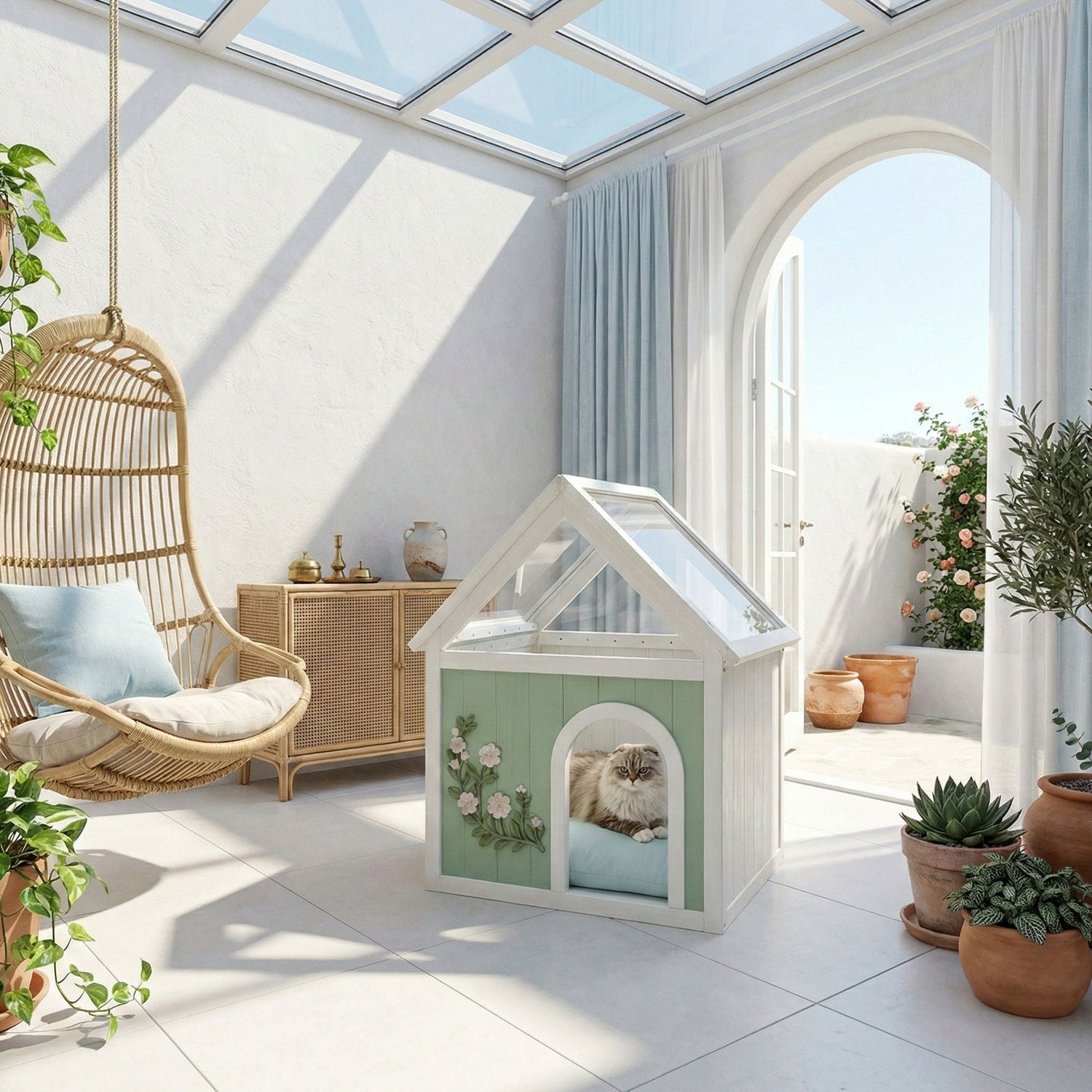 Indoor Cat House With Clear Roof Pet House For Small Cats &amp; Dogs - Mint / White