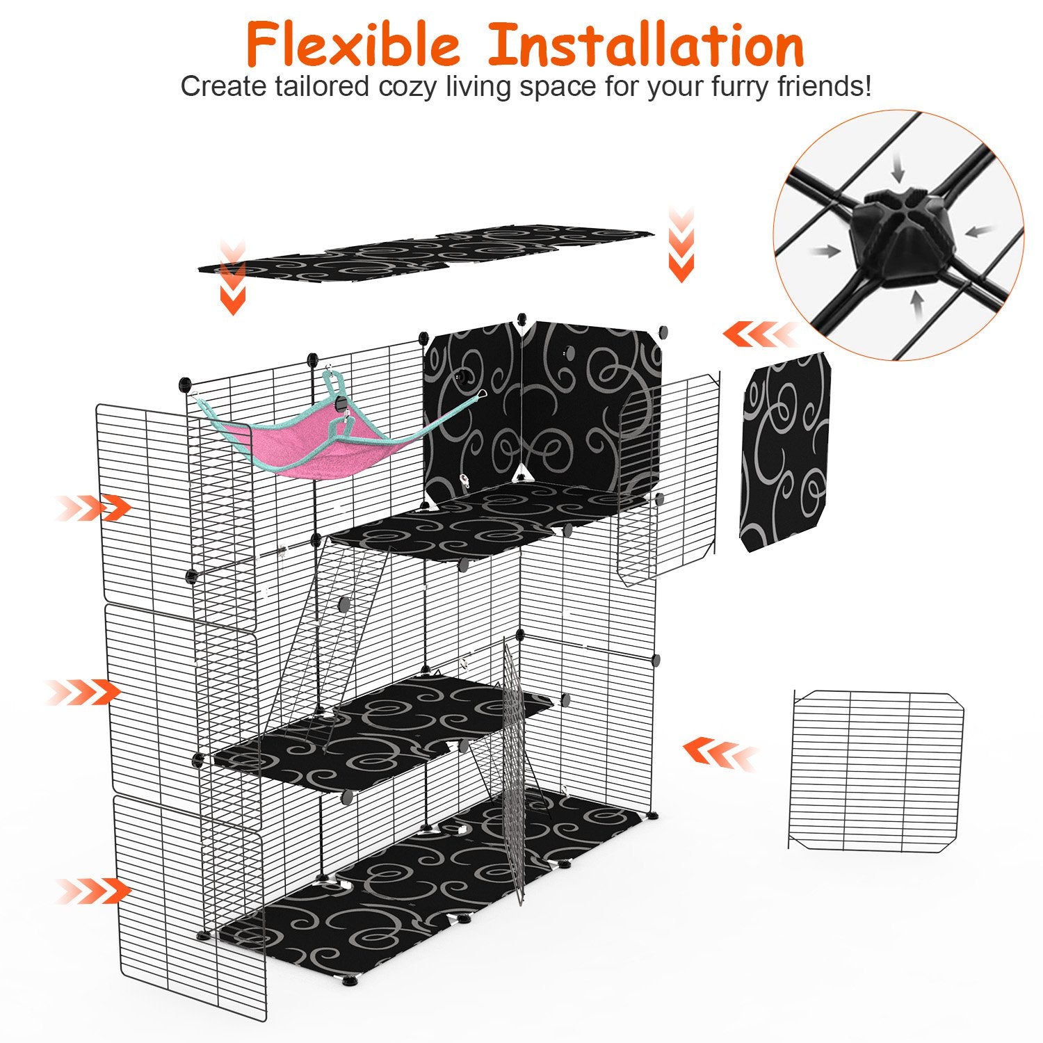 3-Tier Cat Cage Enclosure Indoor Cat Cage Playpen With Hammock Toy Ball Ladder DIY Iron Wire Cat House Kennels Crate For 1-2 Cats Ferret Rabbit Small