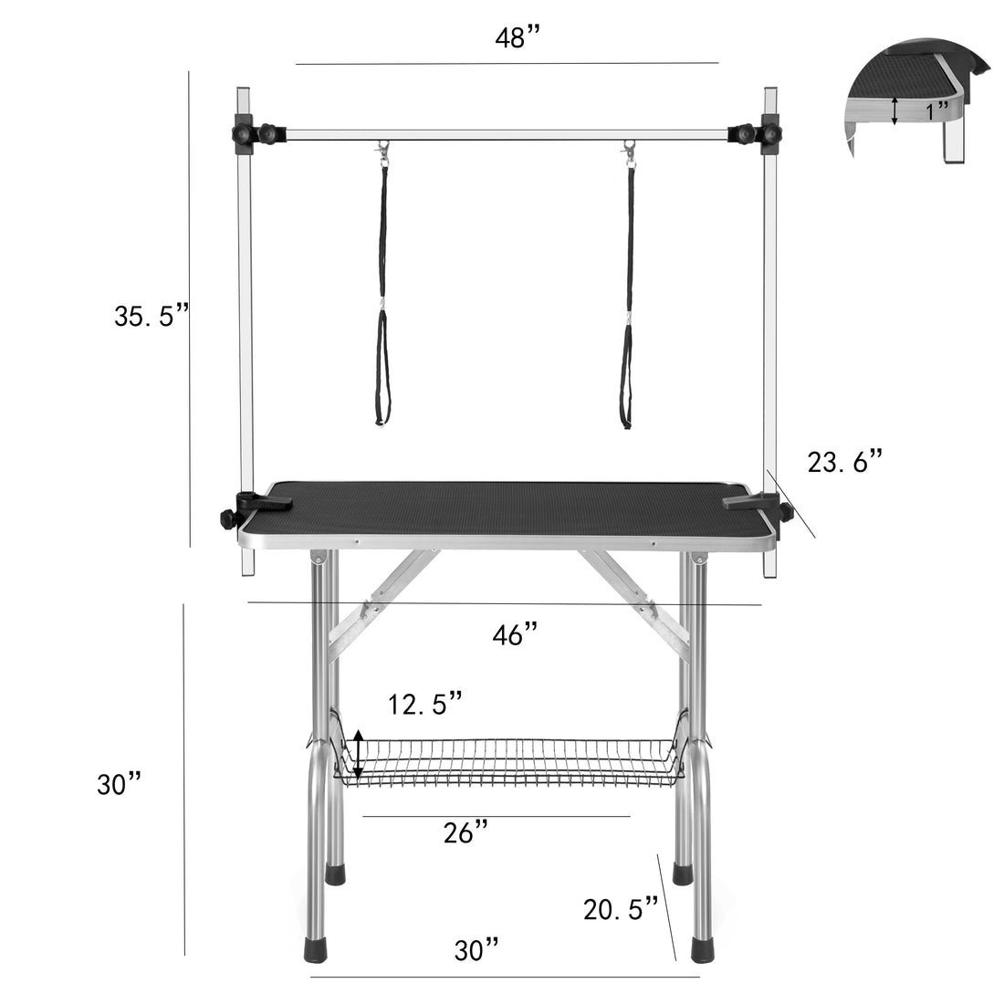 Professional Dog Grooming Table Large Adjustable Heavy Duty Portable with Arm and Noose Mesh Tray in Black Stainless Steel