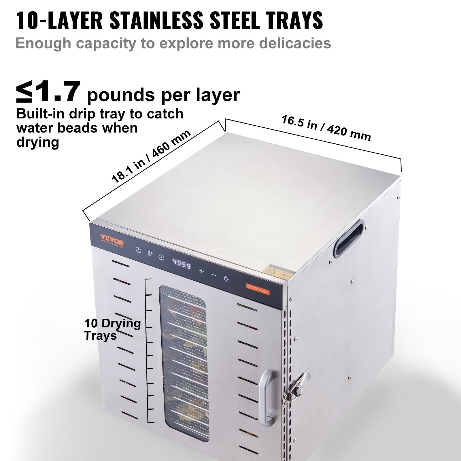 Food Dehydrator Machine, 10 Stainless Steel Trays, 1000W Electric Food Dryer with Digital Adjustable Timer &amp; Temperature for Jerky, Herb, Meat, Beef, Fruit, Dog Treats and Vegetables