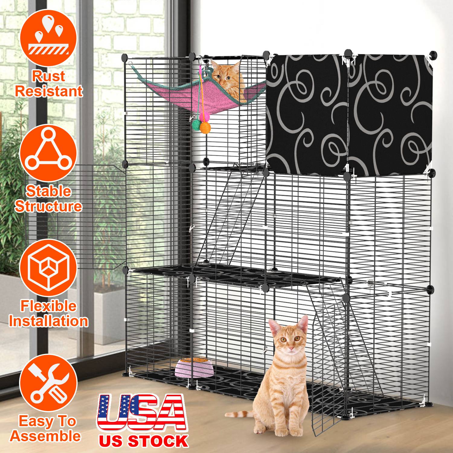 3-Tier Cat Cage Enclosure Indoor Cat Cage Playpen With Hammock Toy Ball Ladder DIY Iron Wire Cat House Kennels Crate For 1-2 Cats Ferret Rabbit Small