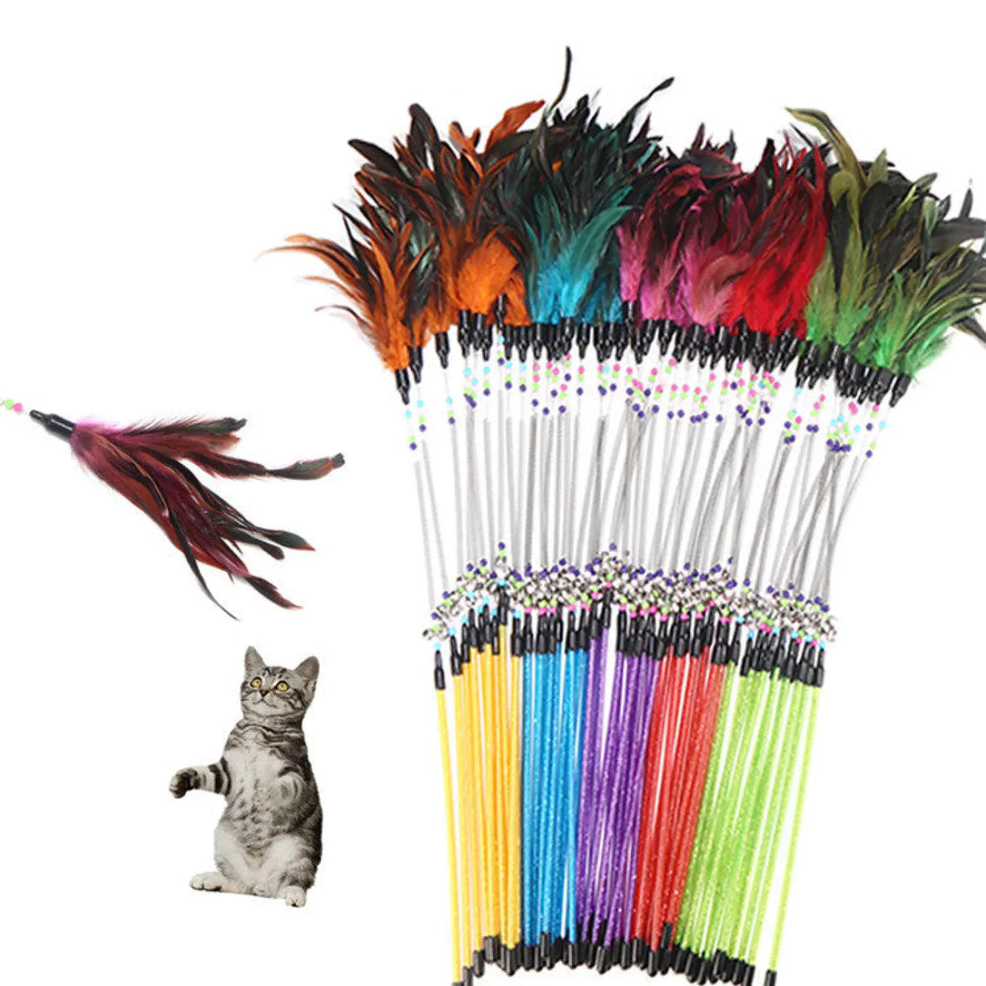 Cat Toy Spring Bell Feather Wand with Colorful Beads