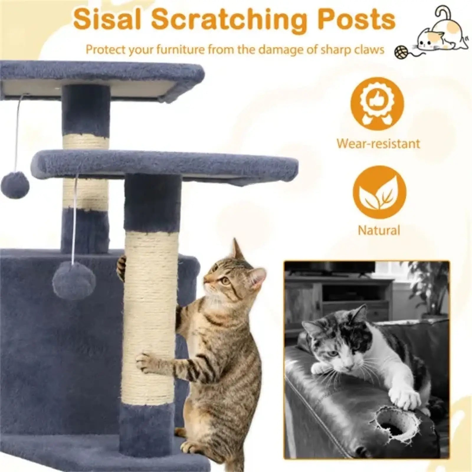 Cat Tree 57 Inch Multi Level Tower with Sisal Posts Gray