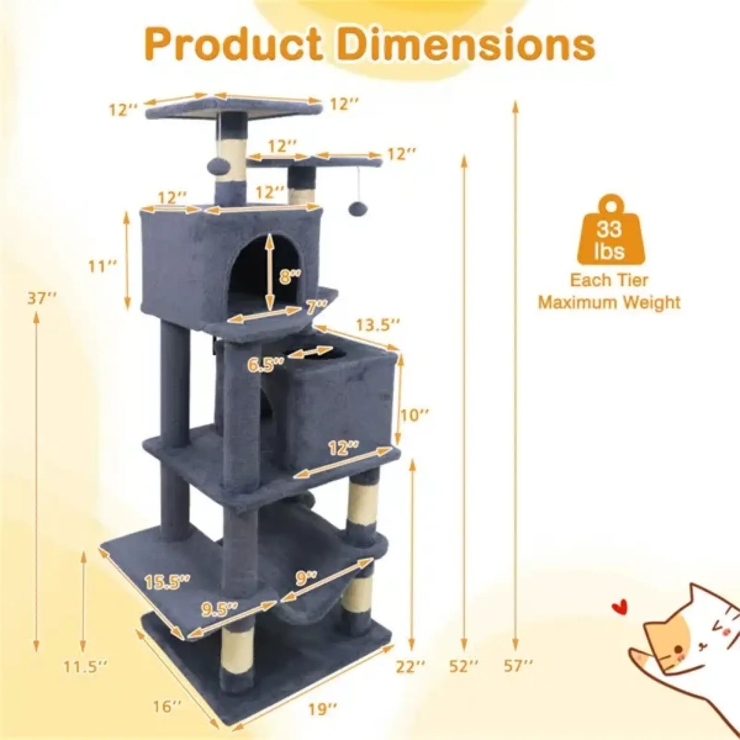 Cat Tree 57 Inch Multi Level Tower with Sisal Posts Gray
