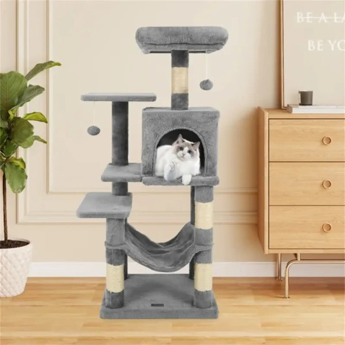 Cat Tree with Condo and Hammock 44 Inch Light Gray