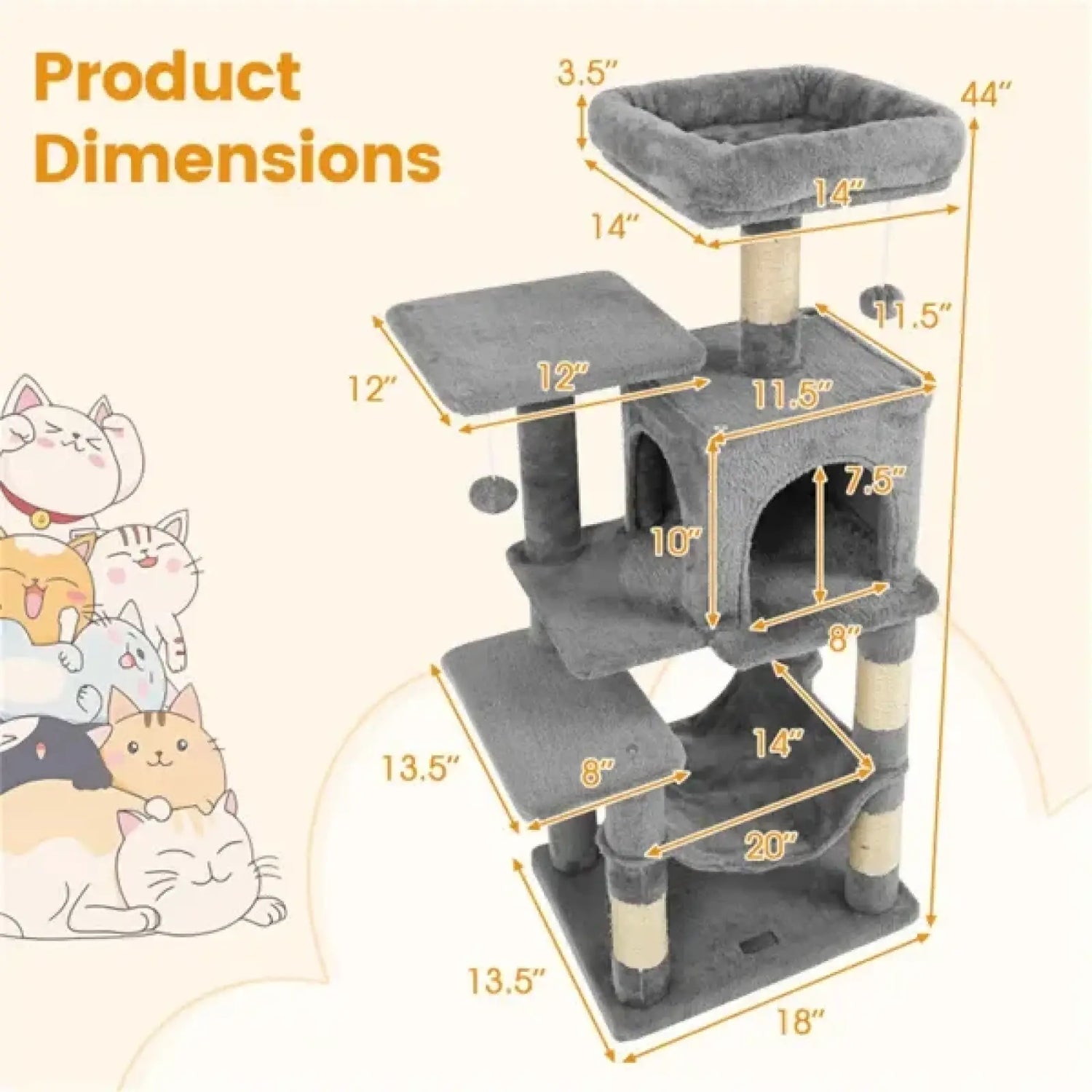Cat Tree with Condo and Hammock 44 Inch Light Gray