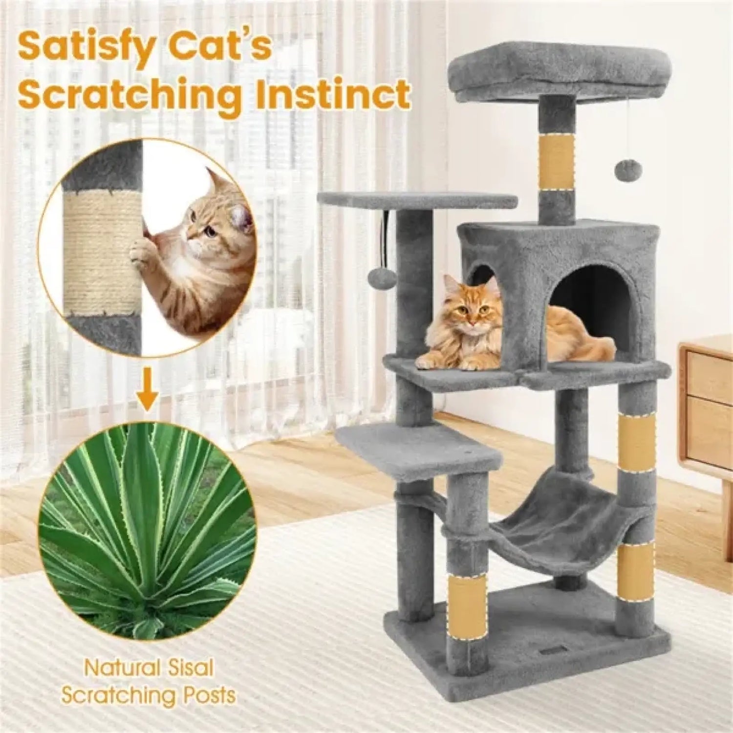 Cat Tree with Condo and Hammock 44 Inch Light Gray