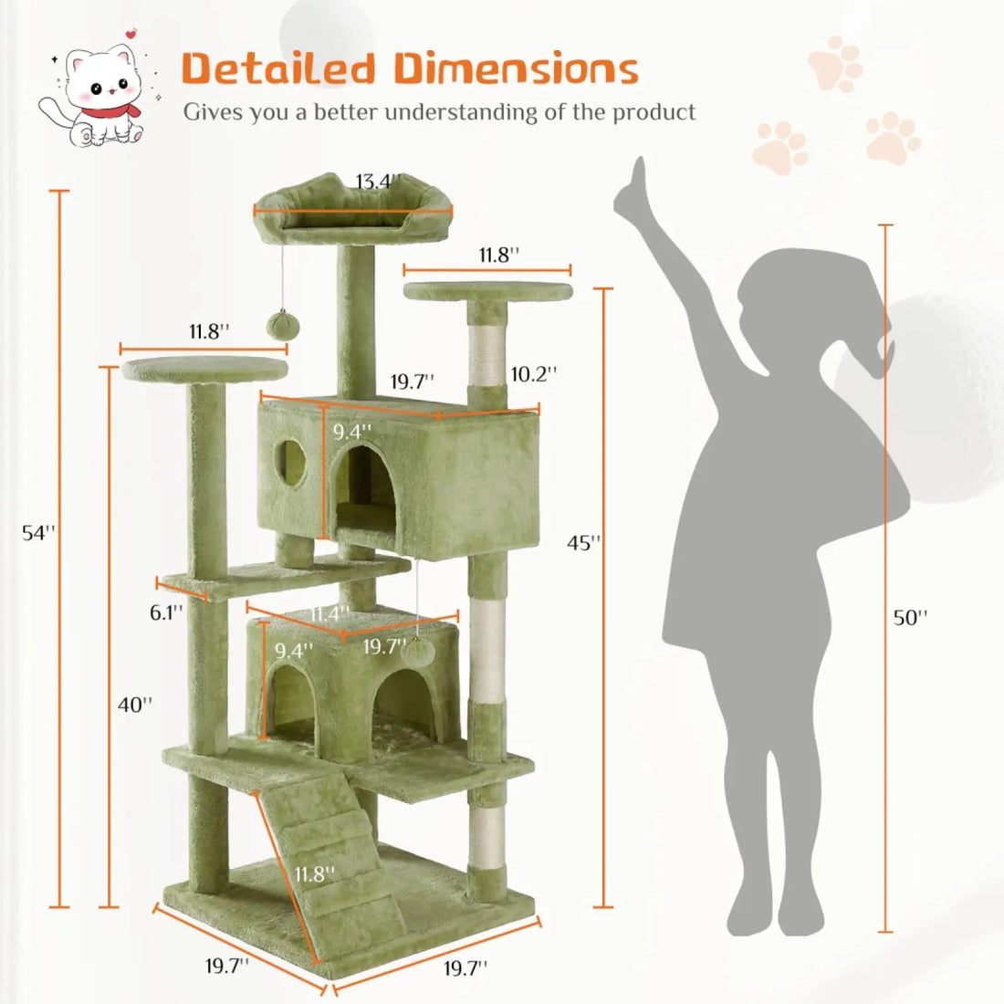 Cat Tree Tower 54 Inch Multi Level Sisal Green