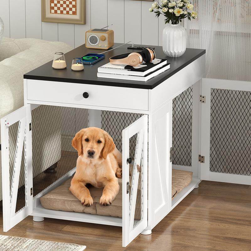Dog Crate End Table Furniture with Drawer &amp; USB Charging | Wooden Dog Kennel for Medium Dogs